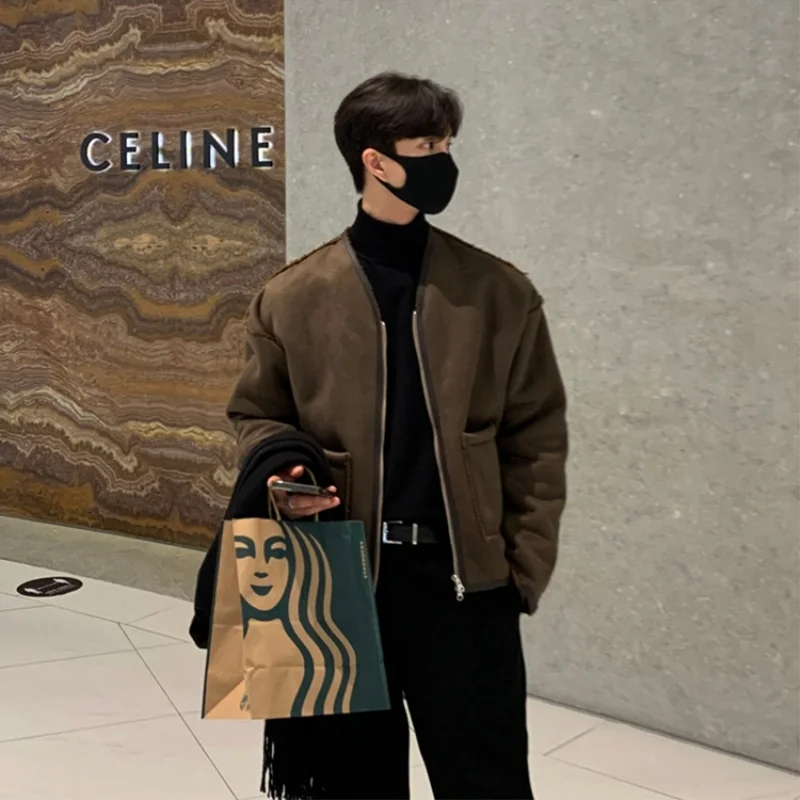 Winter Jacket Men Warm Fashion Brown Black Thickened Suede Jacket Men Streetwear Korean Loose Thick Short Coat Mens Clothes