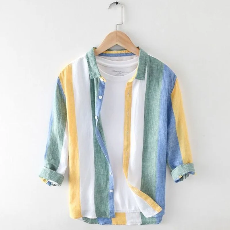 

Striped Shirt Men's Trend 3/4 Sleeve Summer Japanese Loose Thin Long Sleeve Shirt Autumn