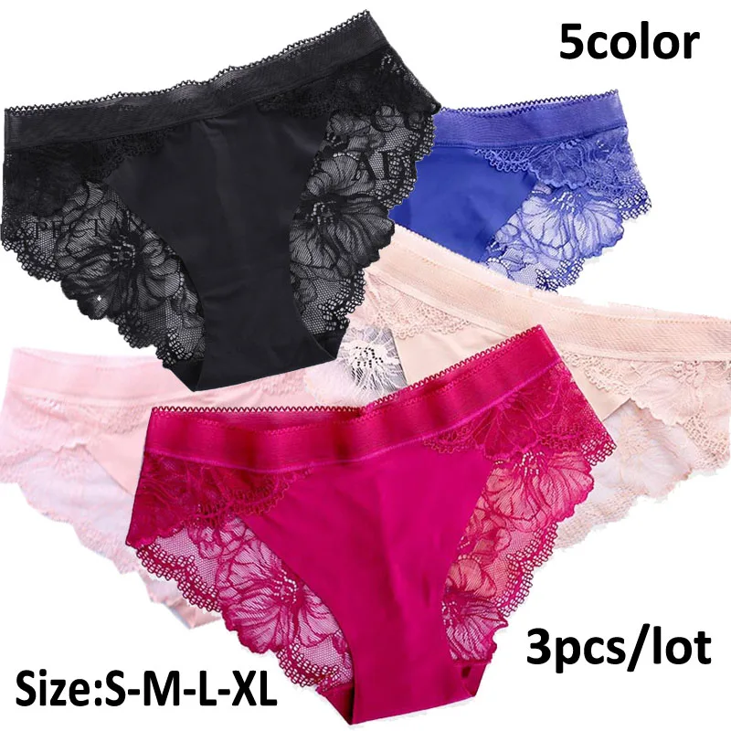 

3pcs Lace Women's Underwear Lace Transparent Panties Comfortable Antibacterial Plus Size Pants Female Sexy Lingerie