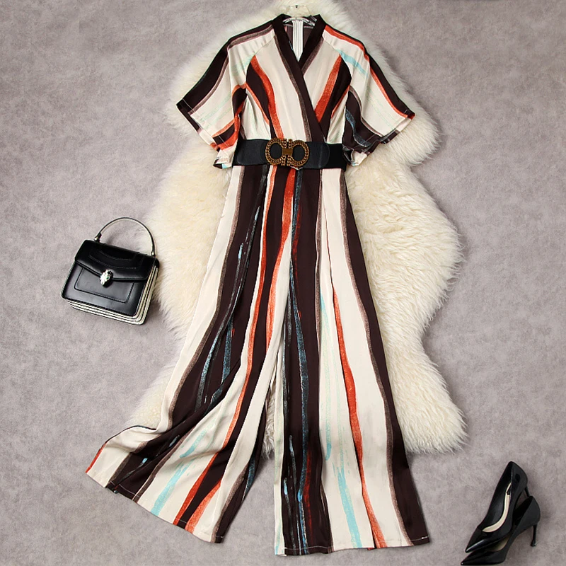 HIGH QUALITY Runway 2022 Designer New Stylish Dress Women's V-collar Contrast stripe Wide-legged jumpsuit