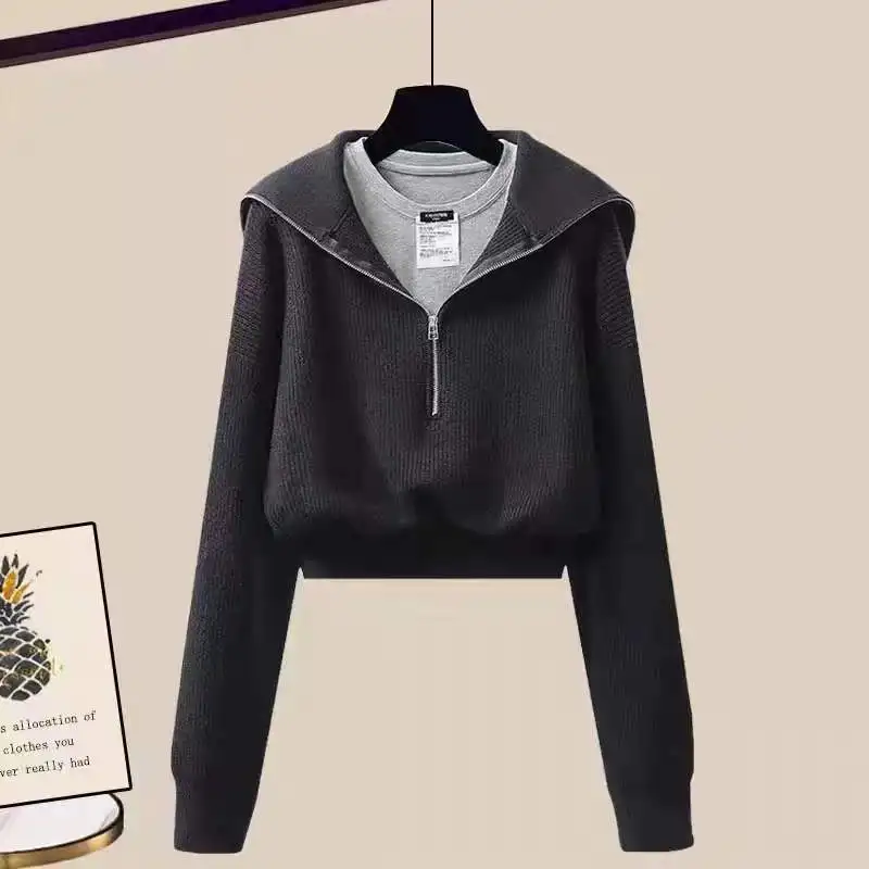 

Осенний спортивный повседневный комплект из двух предметов, Женский пуловер с отложным воротником, свитшот, брюки с широкими штанинами, костюм в стиле пэчворк, топы с длинными рукавами