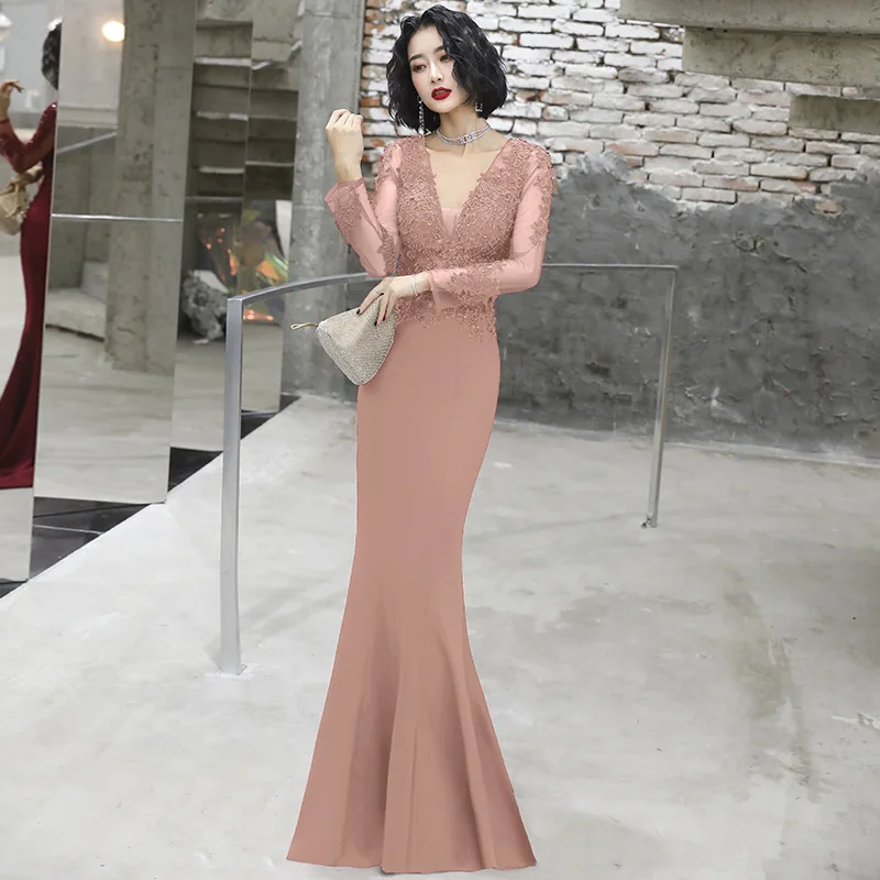 

Christmas Dresses Sexy V-neck Mermaid Floor-length Lace Beading Prom Dress Prom Gown Robe De Soiree Nigh Club Retro Party Dress