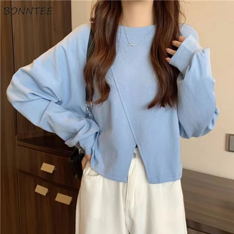 

M-4XL Sweatshirts Women Loose Slit Creativity Simple All-match Casual Daily Students Korean Style Streetwear Autumn Chic Design