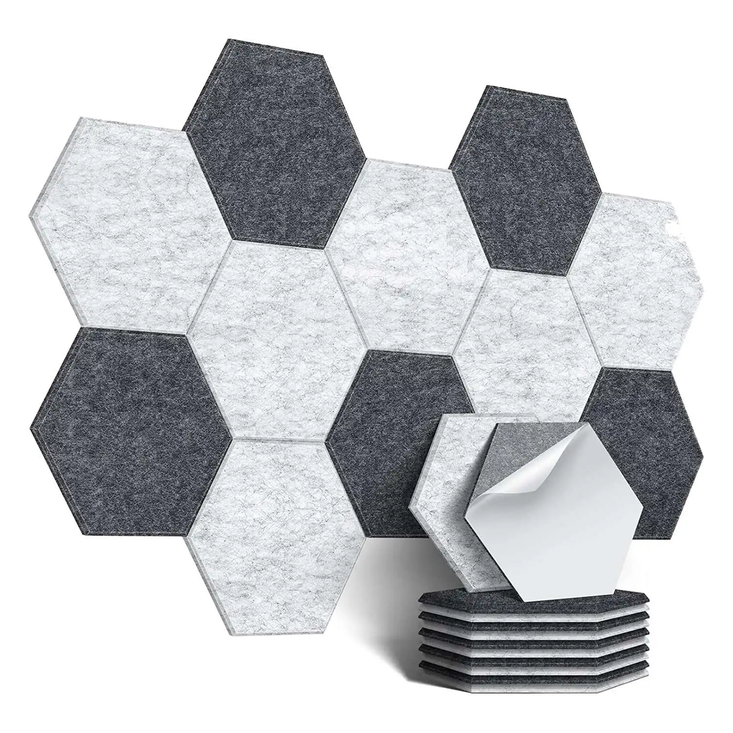 

12 упаковок самоклеящиеся звукостойкие пенопластовые панели шестиугольные акустические панели, для студии, дома и офиса (темно-серый + серебристо-серый)