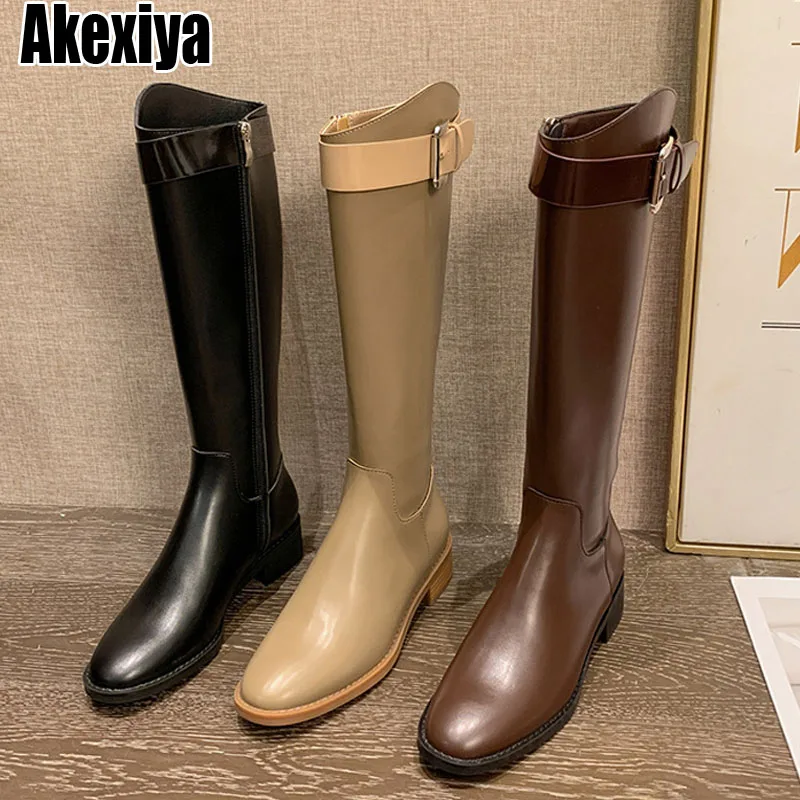 

Knee-High Long Tube Zipper Boots Fashion Belt Buckle Strap Long Boots Winter Lace-Up Shoes Women Pure Color High-Heeled Women