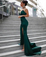 long sexy cheap green evening dresses side slit hot sweetheart sleeveless zipper back trumpet silk satin robe de soiree 2022