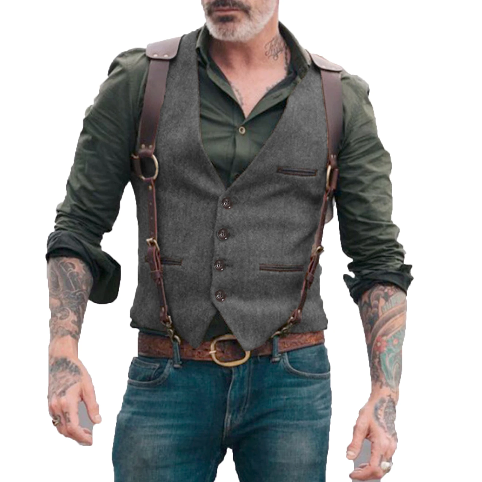 

Mens Suit Vests Men Brown Waistcoat Vest Man Steampunk Jacket Striped Tweed V-neck Slim Fit Gilet Wedding Clothing