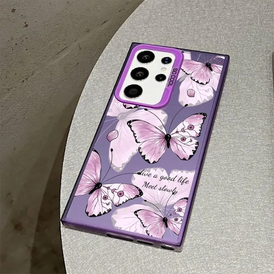 Shockproof Case for Samsung Galaxy S23 S24 S22 Ultra S20 FE S21 Plus Note 20 Hard Shell Phone Cover Pink And Purple Butterfly