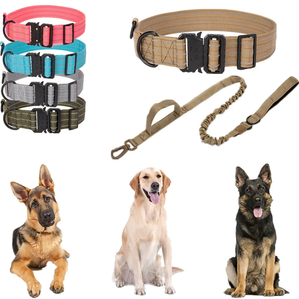 

поводок для собак ошейник для собак товары для собак Тактический ошейник для собак с металлической пряжкой, Регулируемый военный ошейник д...