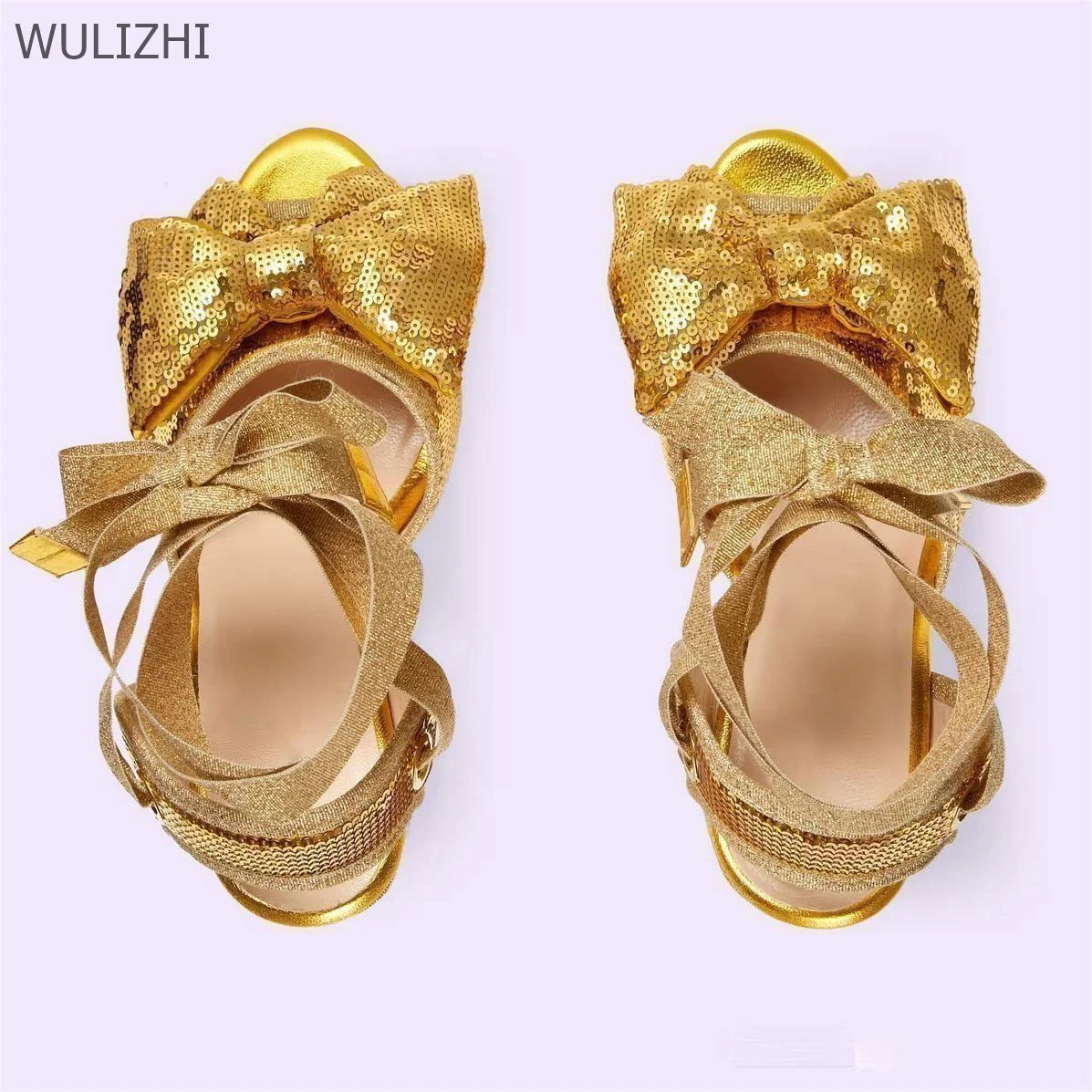 Gold Wedge Lace Butterfly Knot Heels Peep Toe Open Espadarille Patchwork Sandals Lace-Up Fretwork Heels Sequins Slingback Shoes