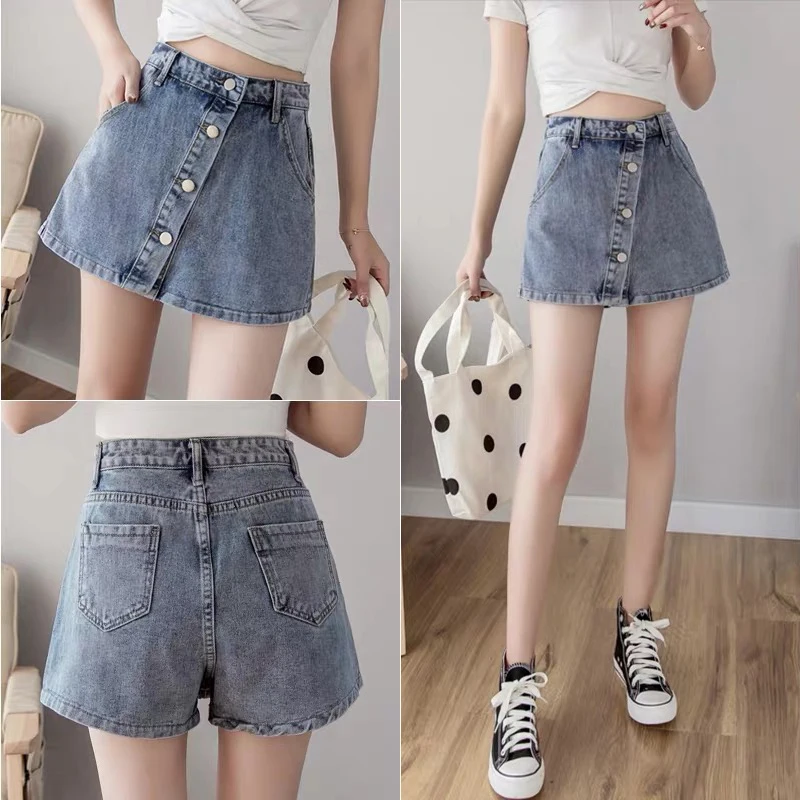 

Summer Women Fashion Empire High Waist A-Line Button Fake Two Pieces Casual All-Matching Pockets Slim Fit Mini Shorts Skirts