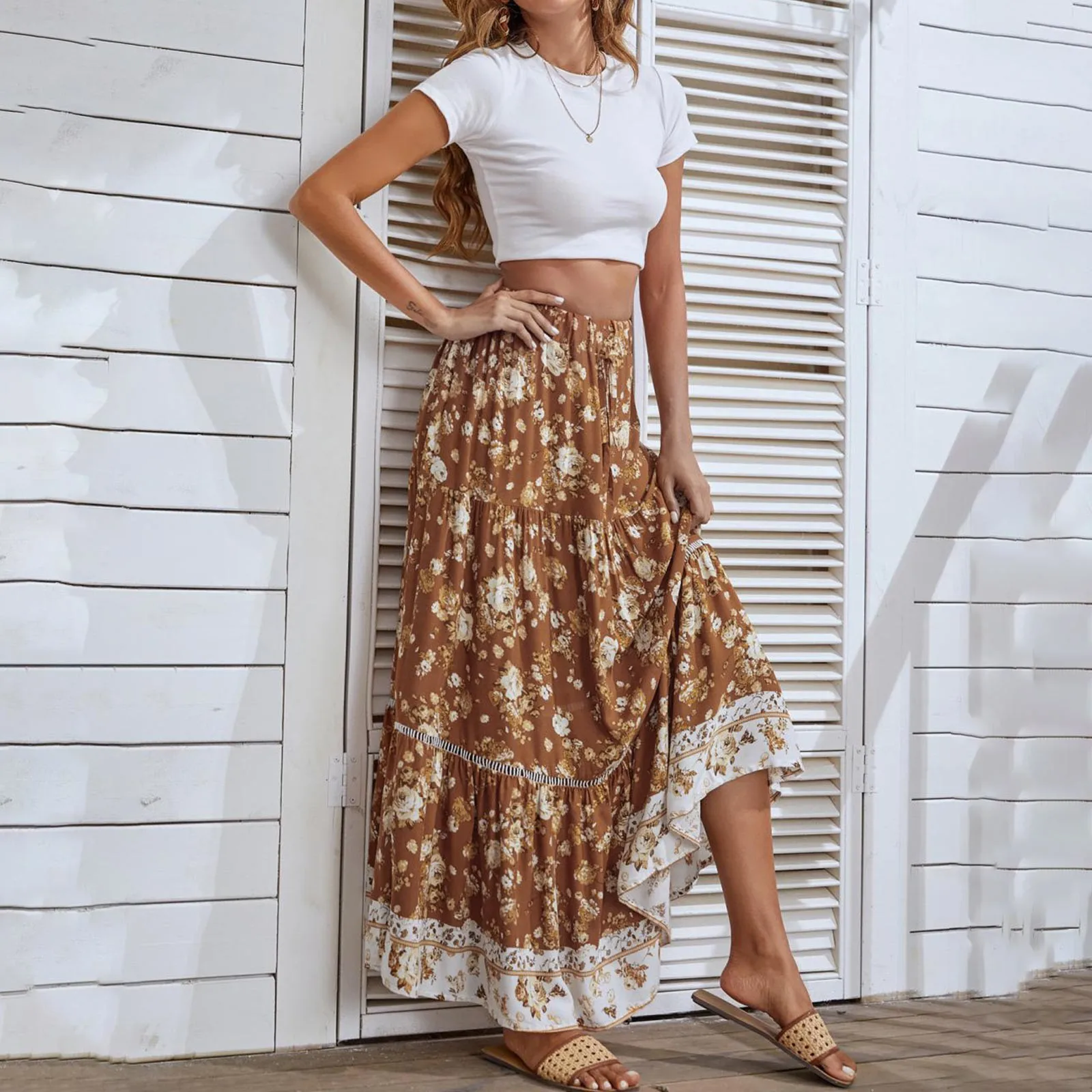 

Bohemian Beachwear Skirts Loose Long Skirt Vintage Floral Print Skirt Summer Skirts For Women Beach Vacation Holiday Jupe 2023