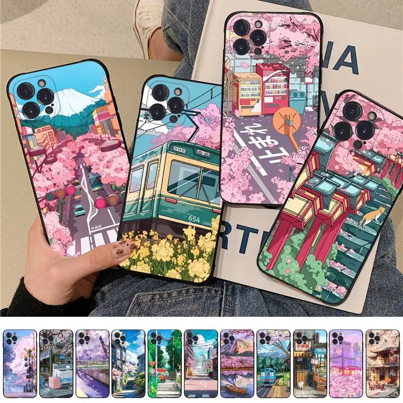 

Japanese Aesthetic Traint Moun Fuji Phone Case for iPhone 8 7 6 6S Plus X SE 2020 XR XS 14 11 12 13 Mini Pro Max Mobile Case