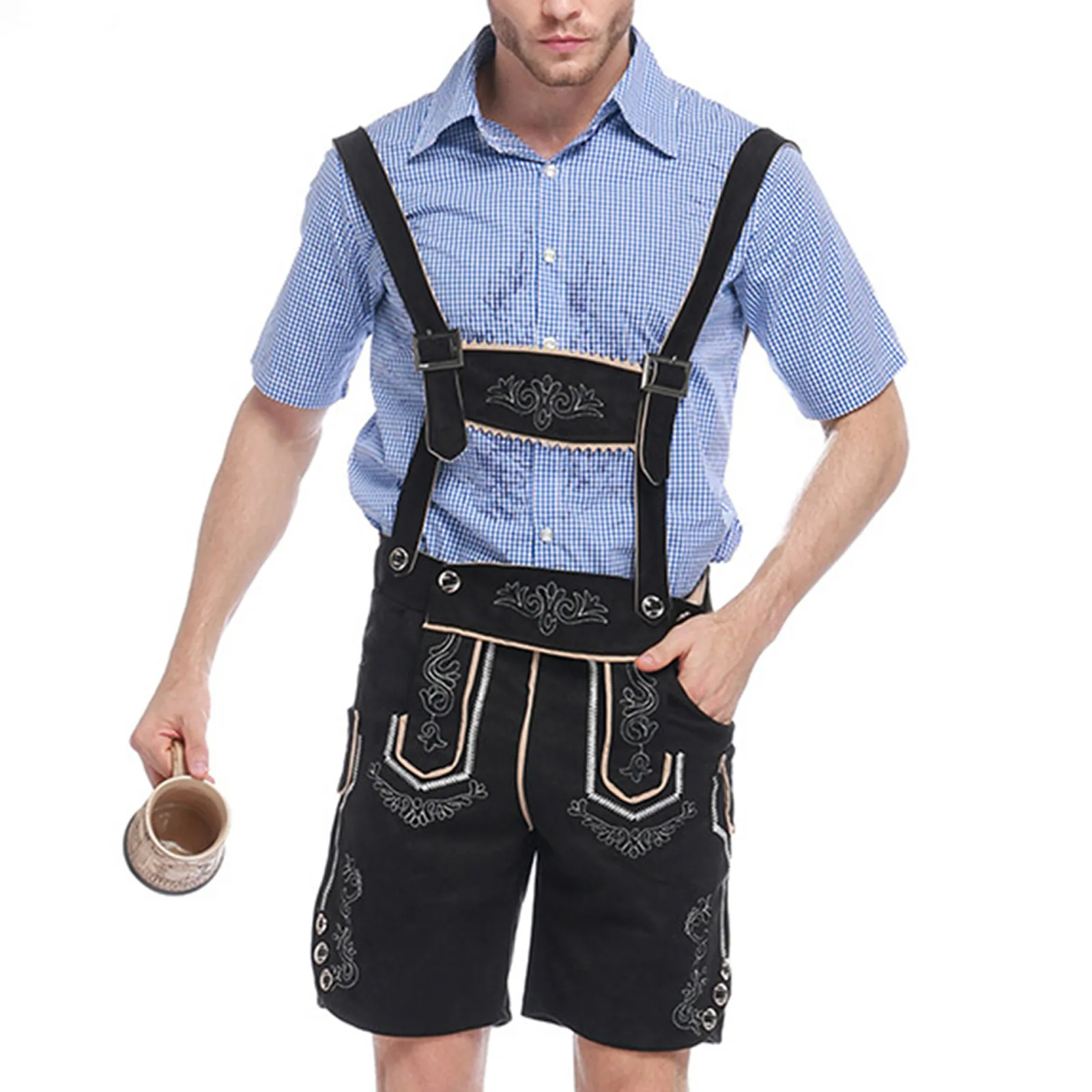

Medieval Tapestry Bedding German 2PC Stage Costume Suit 1PC Shirt+1PC Bib Short Traditional Beer Festival Clothing Plaid Shirt