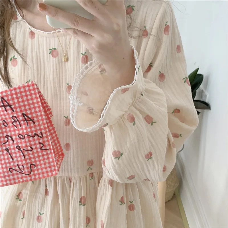 Ins Sweet Pajamas Peach Printed Ruffled Cotton Long Sleeve Sleepwear Women's Spring Trousers Home Clothes Two-piece Set