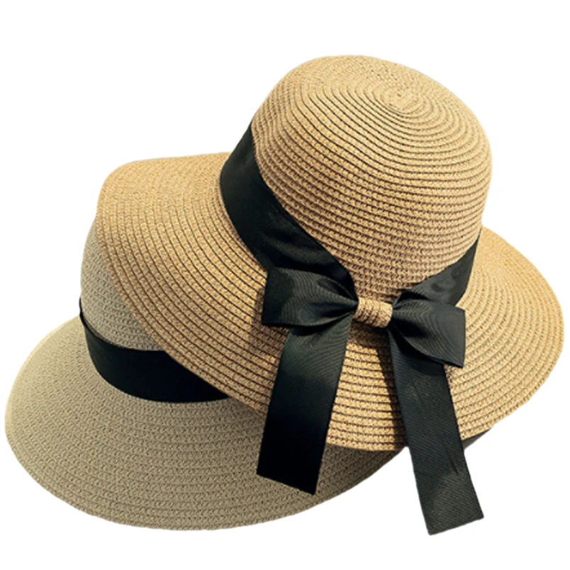 

Summer Ribbon Bow Sunscreen Straw Hat Holiday Sun Protection Sun Hat Foldable Large Wide Brim Beach Hat Elegant Dress Top Hat