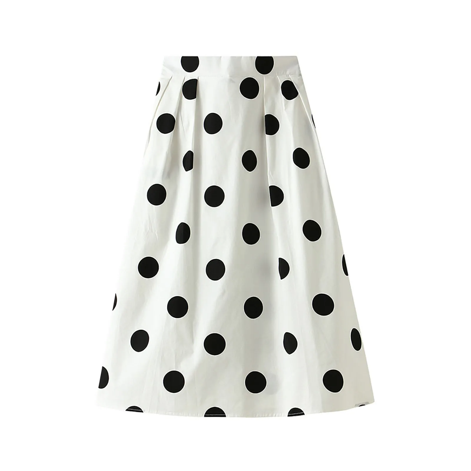 

Women Fashion Skirt High Waisted A Line Mid Length Polka Dot Contrast Color Swing Skirt With Pockets Summer Pleated Skirt