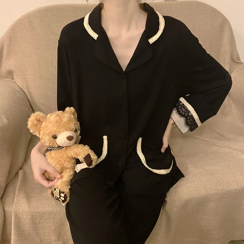 Sexy Lace Spring Pajama Sets Women Plus Size M-3XL Chic Elegant Tender Patchwork Long Sleeve Pockets High Waist Sleepwear Soft