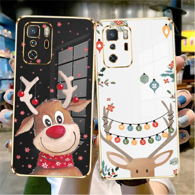 

Christmas elk Luxury Plating Case For Redmi Note 10 9S 11 K40 Pro 9 9C 8 9S 7 11T 10C 8A 9A Soft Phone Cover