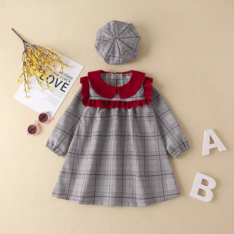 

New Girls' Dress Spring Autumn Fashion Plaid Dress Fashionable Stitching Casual Kids Clothes with Hat Kids Dresses for Girls