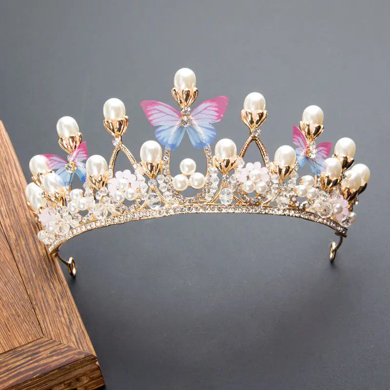 

Pearl Crystal Princess Crown Handmade Rhinestone Tiaras for Girls Birthday Wedding Model Catwalk Queen Diadems Butterfly Decor