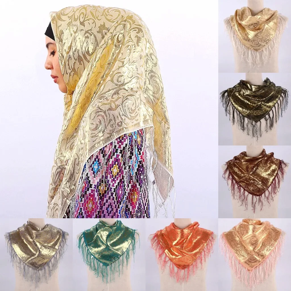 Мусульманский квадратный шарф 85 см * из натурального шелка с бахромой