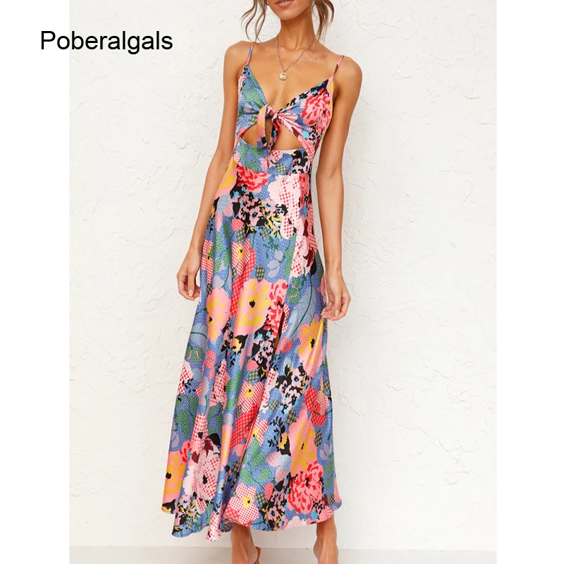 

Sexy Women Summer Dresses with Hem Slit Floral Print Dress 2022 New Fresh Sweet V-neck Hollow High Waist Wrap Chest Strap Dress