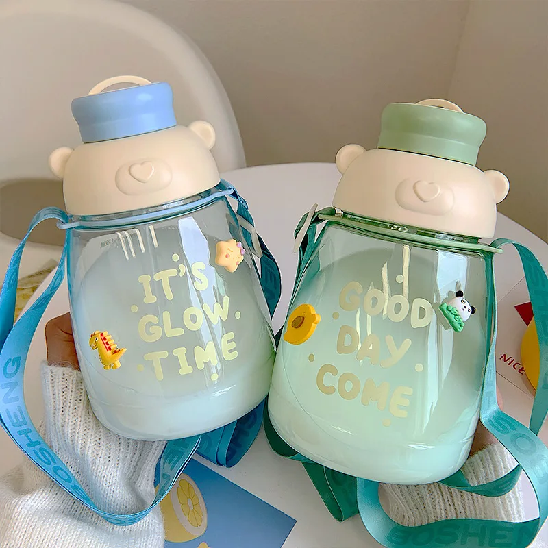 

Cute Cartoon Bear Kids Straw Water Bottle Transparent Plastic With Cup Straps Student Girls Sports Large Capacity Water Bottles