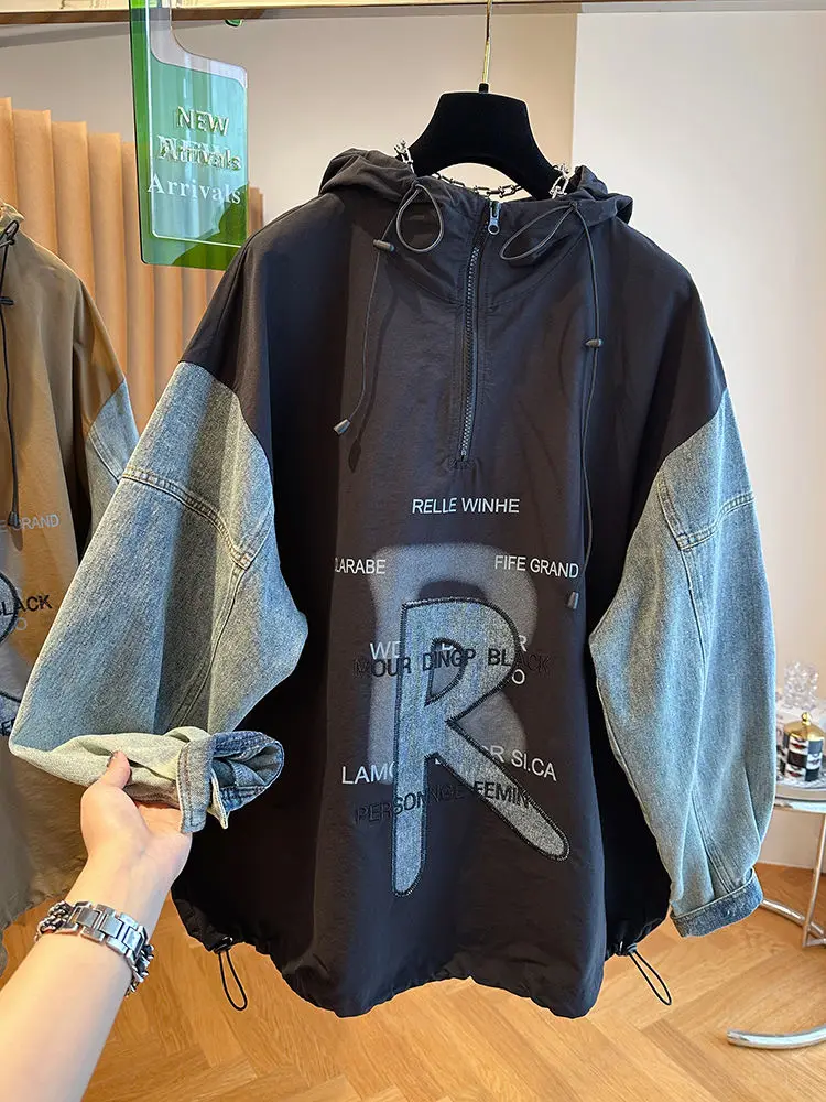 Очень большой размер 300 фунтов европейская ниша свободная джинсовая толстовка с