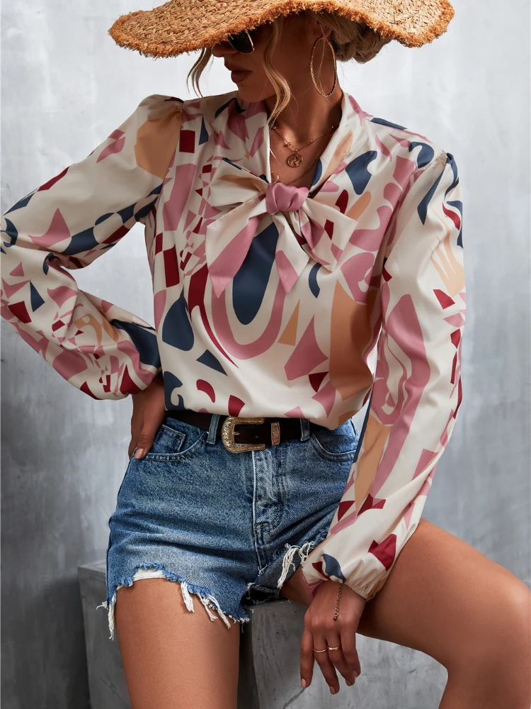 

Shirts for Women Blouse Women Womens Tops Spring and Summer New Lantern Sleeve V-neck Tie Retro Printed Women's Shirt Shirts