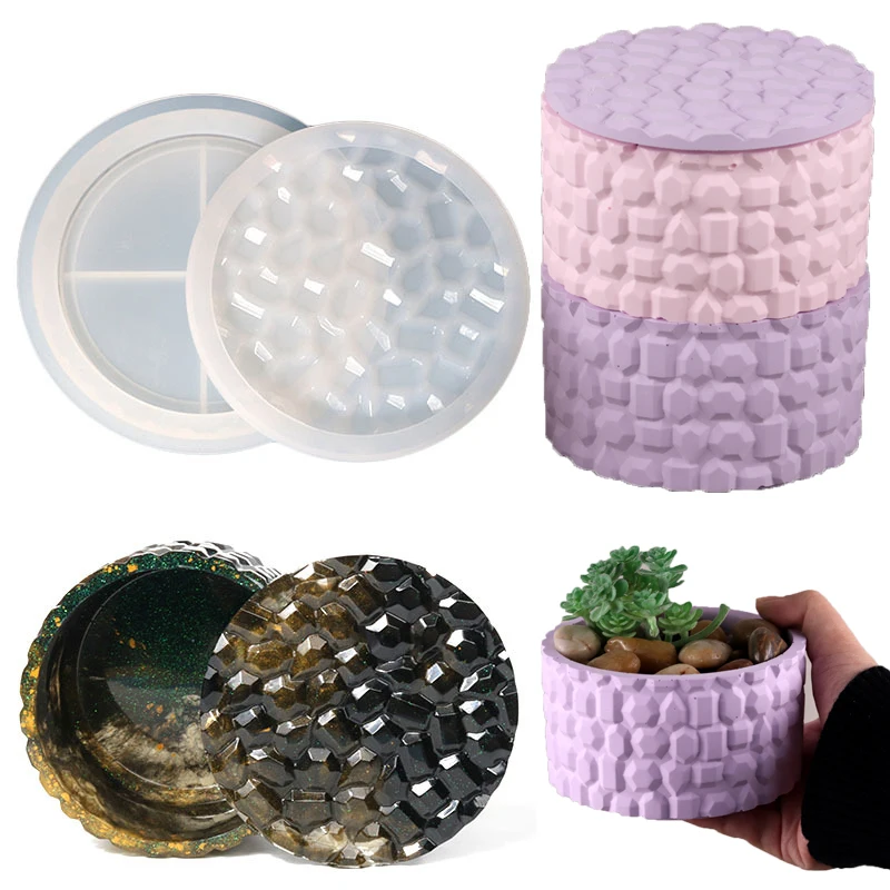 

Gem Stone Round with Cover Bottle Silicone Molds DIY Cement Plaster Candle Jar Concrete Planter Pottery Mould Home Decor