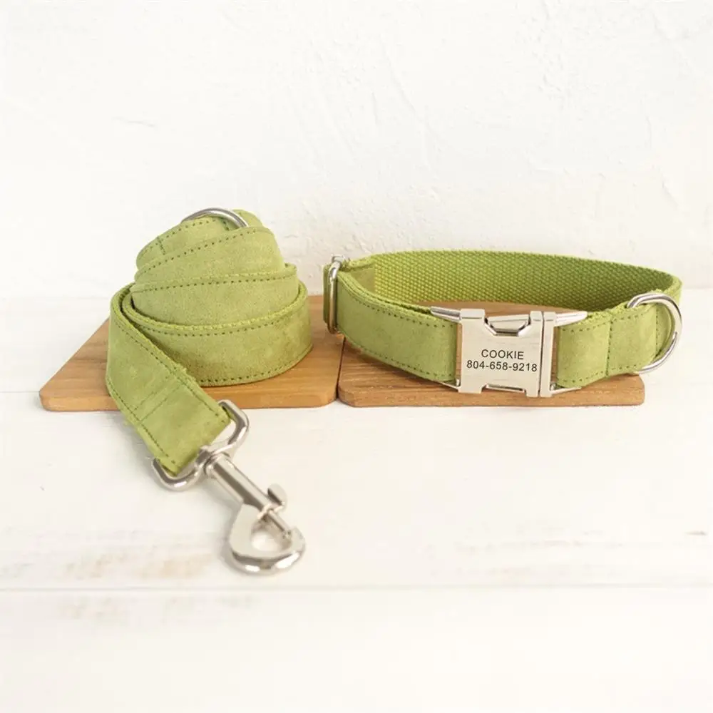 

Personalized Dog Collar Customized Engraving Pet Collars ID Nameplate Tag Pet Accessory Green Velvet Puppy Collars Leash