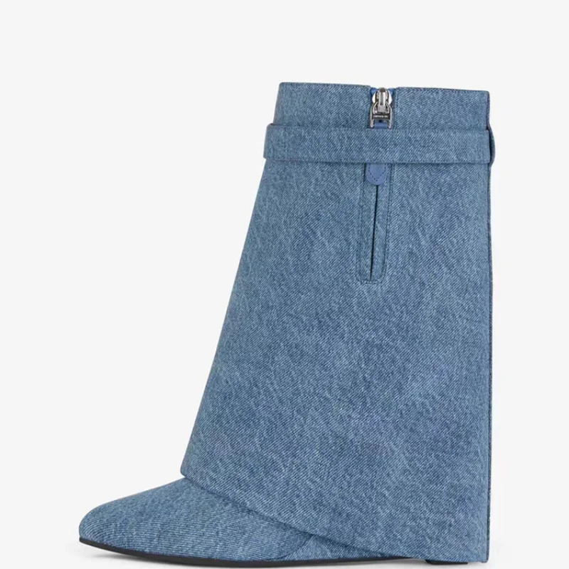 2023 Spring and Autumn Oversized Jeans Pipe Boots Metal Lock Blue Boots with Diamond Round Toe High Heel Boots Mid Sleeve Boots