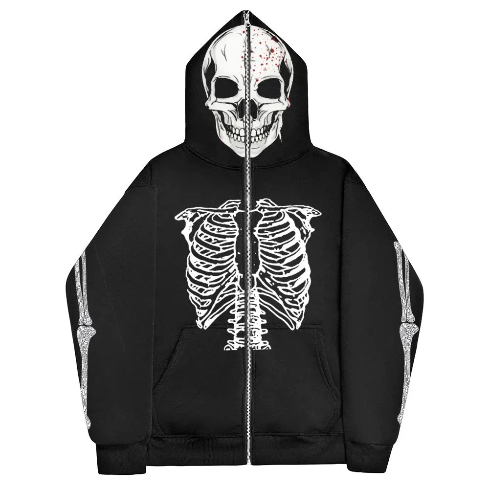 

Куртка Y2K мужская с капюшоном, свитшот на молнии с принтом черепа, худи в готическом стиле, уличная одежда в стиле хип-хоп, флисовая кофта