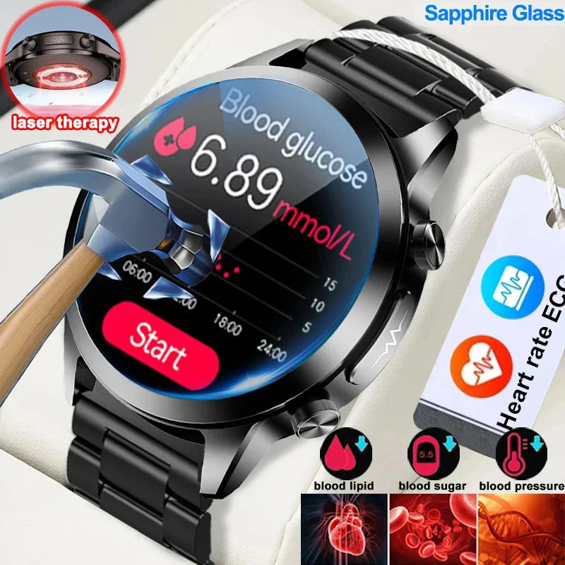 Мужские Смарт-часы с измерением уровня сахара в крови ЭКГ + ФПГ пульса