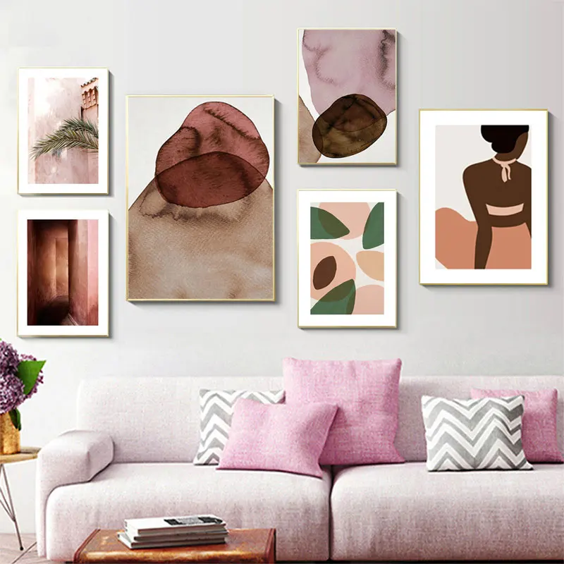 Абстрактный розовый коричневый камень холст художественный постер современный