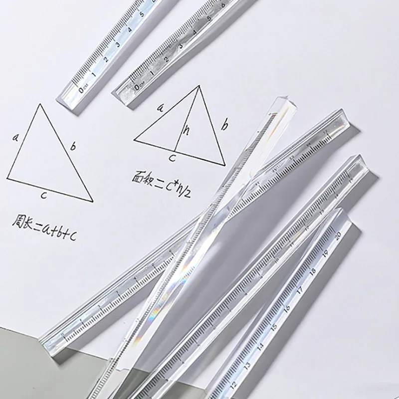 1Pcs 15cm /20 Cm Simple Transparent Triangular Straight Ruler Tools Stationery Cartoon Drawing Gift Office Can See The Rainbow - купить по