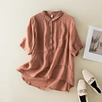 women summer casual shirts new arrival 2022 vintage style solid color loose cotton linen female short sleeve tops shirt