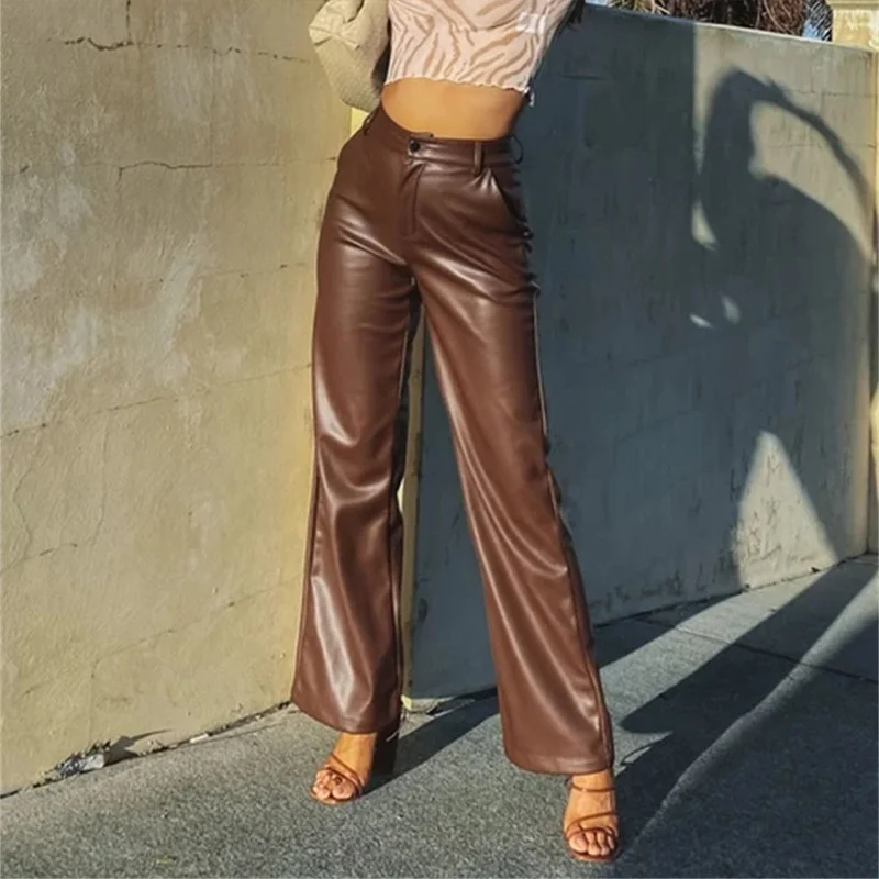 

Autumn Winter Women High Waist Brown PU Faux Leather Pants Lady Straight Trousers Elegant Pocket Streetwear