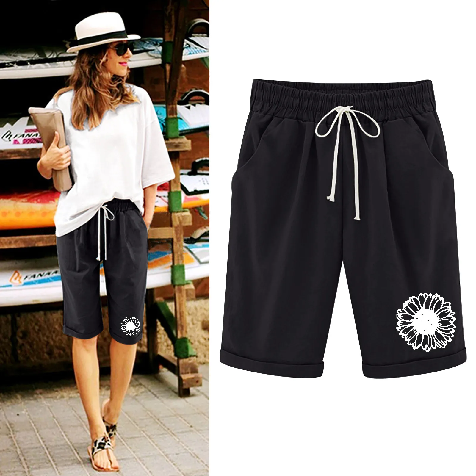 

Women Printed Summer High Waisted Cotton Linen Pants Plus Size Shorts Lacing Beach Workout Pocket Lounge Five Red Shorts Women