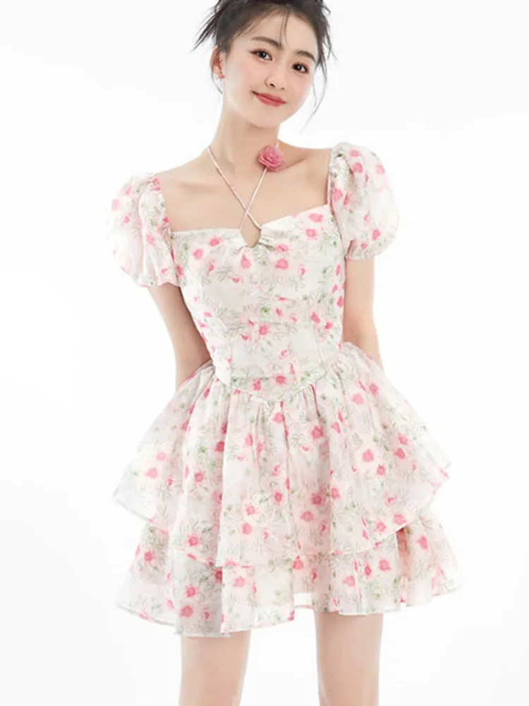 

Chiffon Floral Print Cake Party Dresses For Women Korean Fashion Sweet Slim Waist Puff Sleeve Beach Holiday Sundress Vestidos