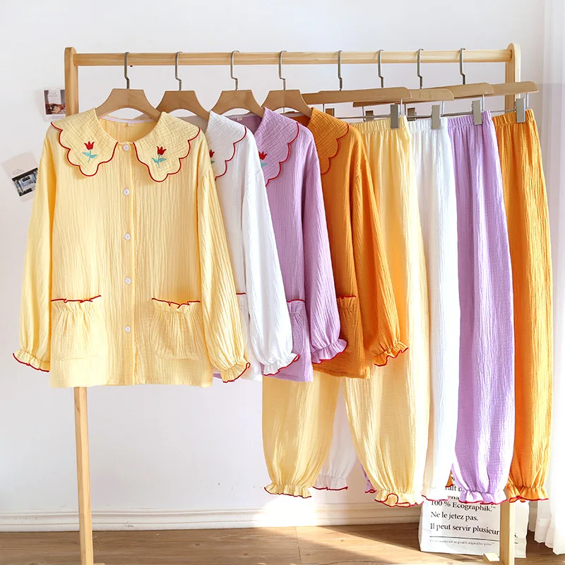 

Women's New Doll Collar Spring Summer Embroidered Crepe Home Cotton Pajama Gauze Long-sleeved Comfortable Loose Pajama Suit