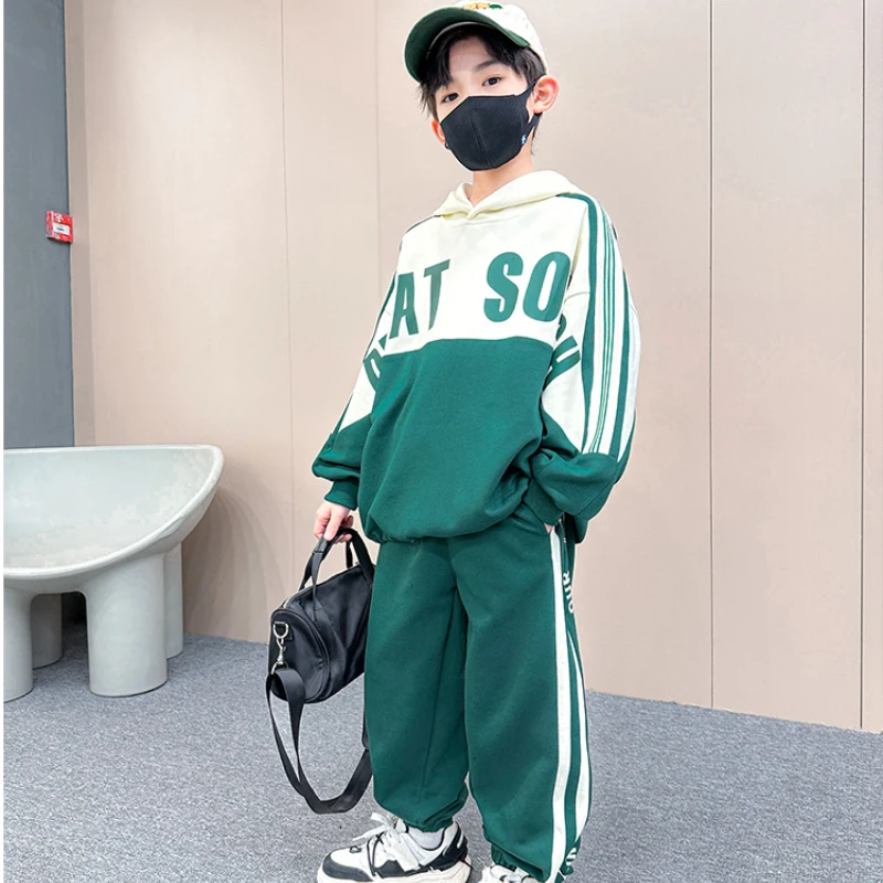 

Спортивный костюм для мальчиков 4-14 лет, лоскутный топ с капюшоном и спортивные штаны, повседневный комплект из 2 предметов, уличная одежда для подростков, весна