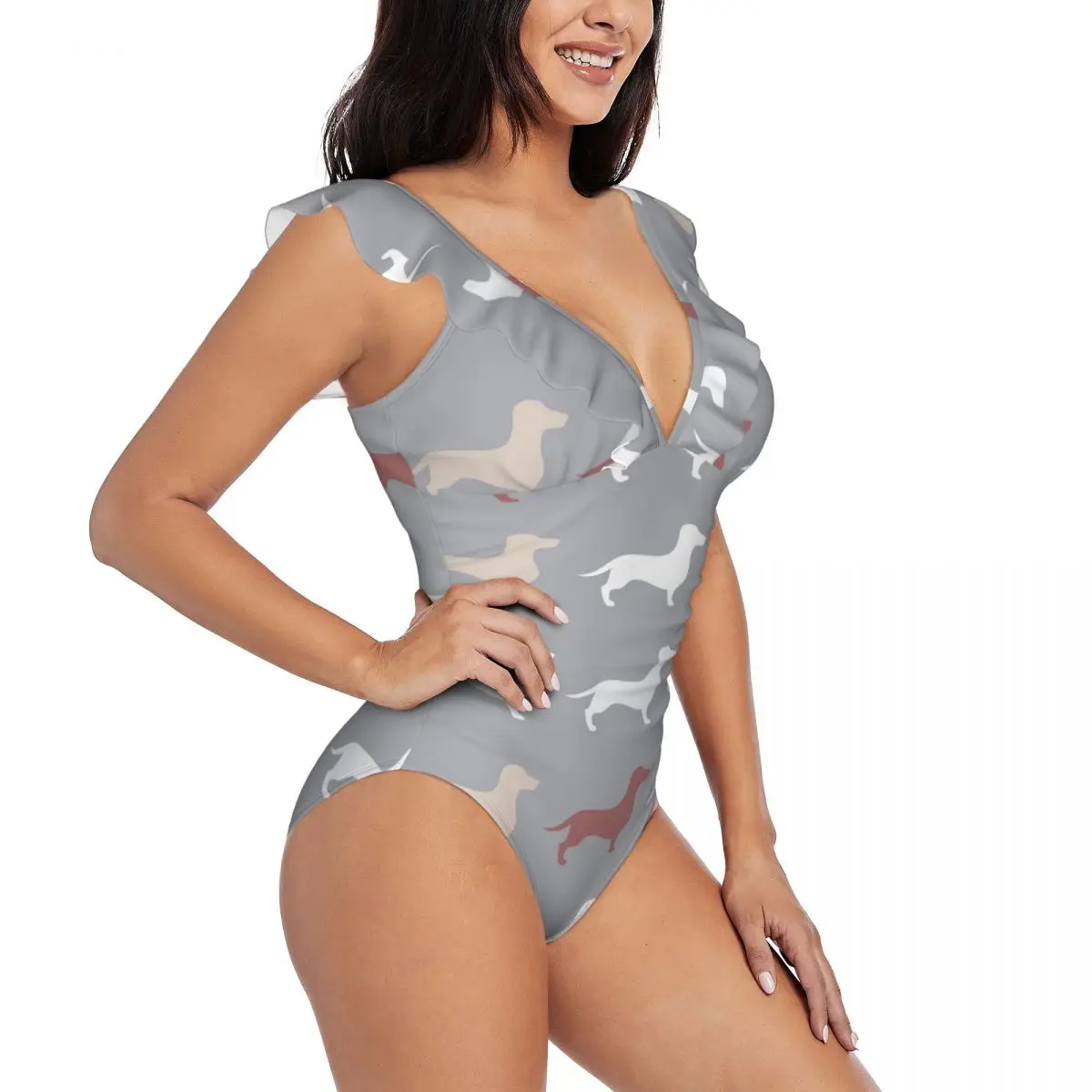 

Sexy One Piece Swimsuit Push Up Swimwear Dachshund Print Women Ruffle Monokini Swimsuit Bodysuit Bathing Suit