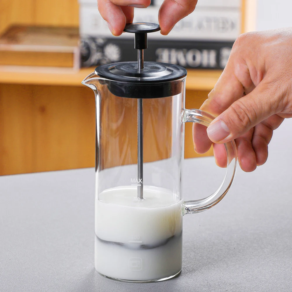 

Manual Milk Frother Glass Milk Foamer Coffee Pot Glass Mesh French Press Coffee Maker Frother Jug Mixer Creamer Kitchen Tools
