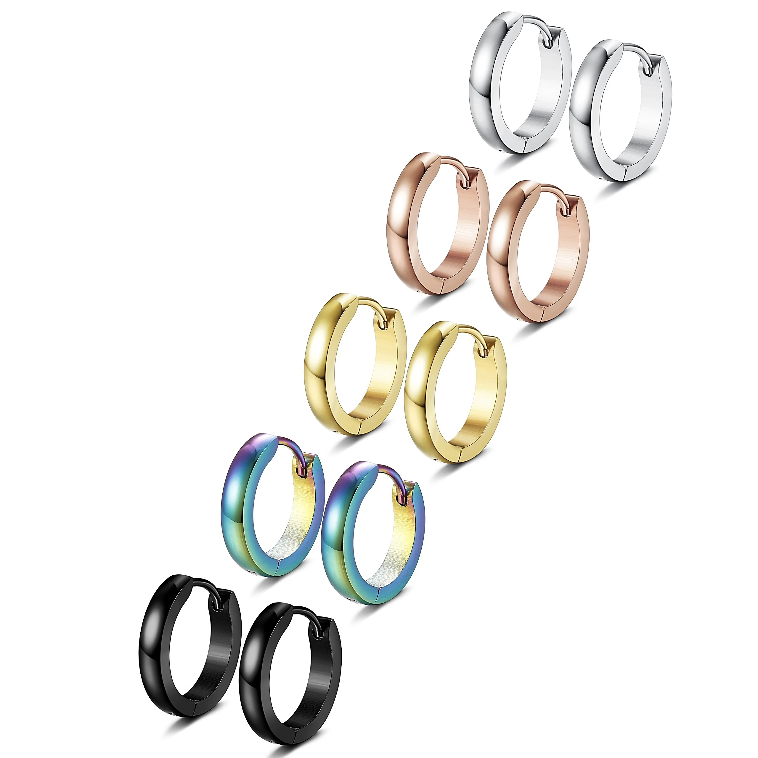 

5 Pairs Stainless Steel Hoop Earrings for Men Women Huggie Earrings 13-20MM Available Punk Rock Stud Earrings Set Unisex Jewelry