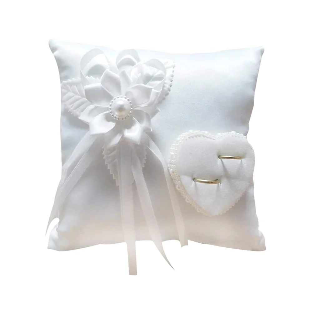 

Ring Pillow Wedding Bearer Cushion Holderlace Pillows Bridal Box White Satin Ceremony Pearl Flower Floral Jewelry Marriage Party