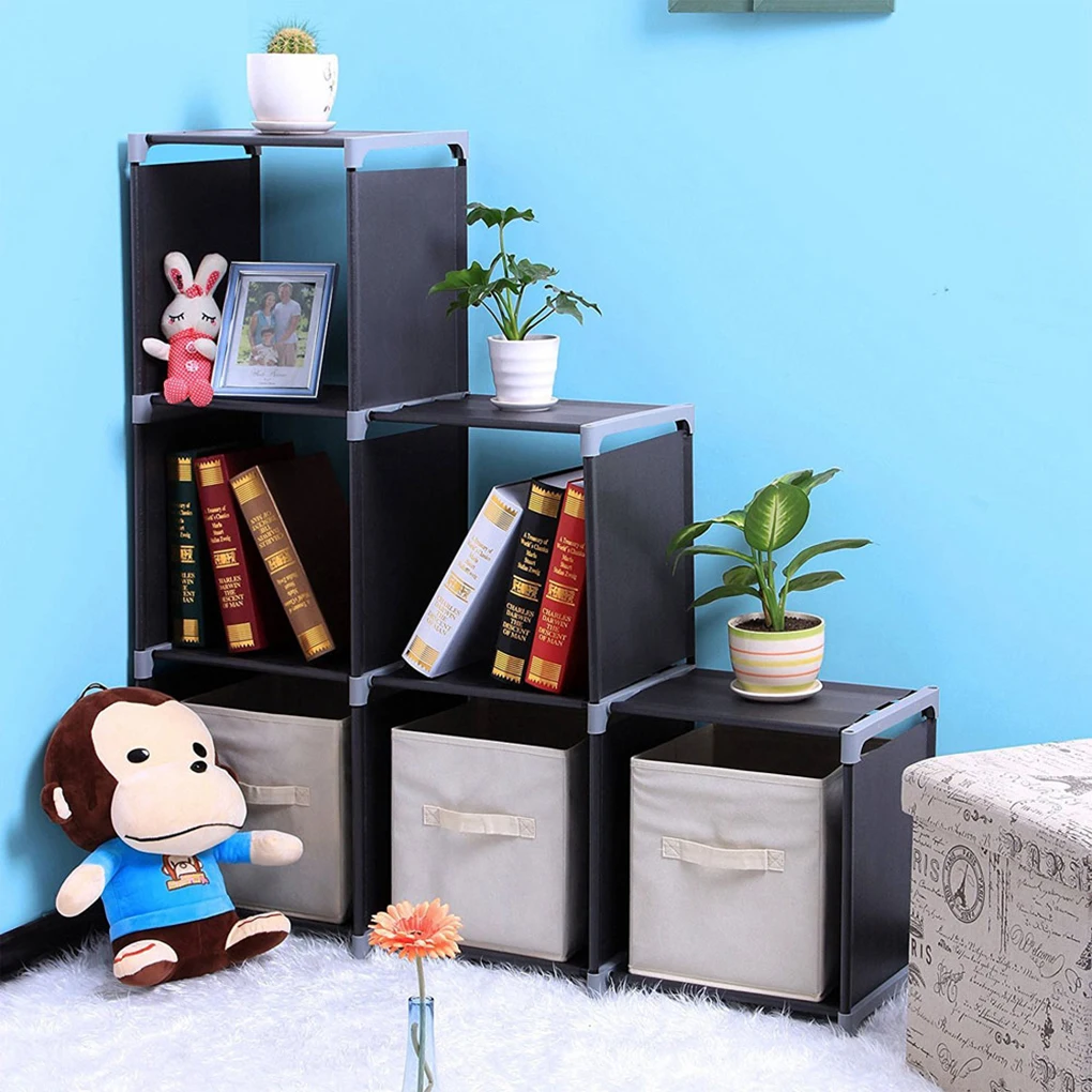 

Multifunctional Assembled 3 Tiers 6 Compartments Storage Shelf Non-woven Storage Cube Support Black