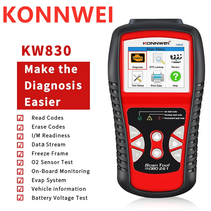 Автомобильный сканер KONNWEI KW850 A + OBD2, профессиональный считыватель кодов с функцией проверки двигателя, тестер батареи и датчика O2