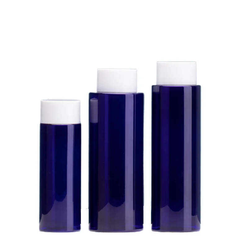 100ml 200ml 250ml Plastic Toner Bottle Blue Flat Shoulder PET Cosmetic Pure Dew Liquid Facial Water Bottle White Screw Cap 10pcs